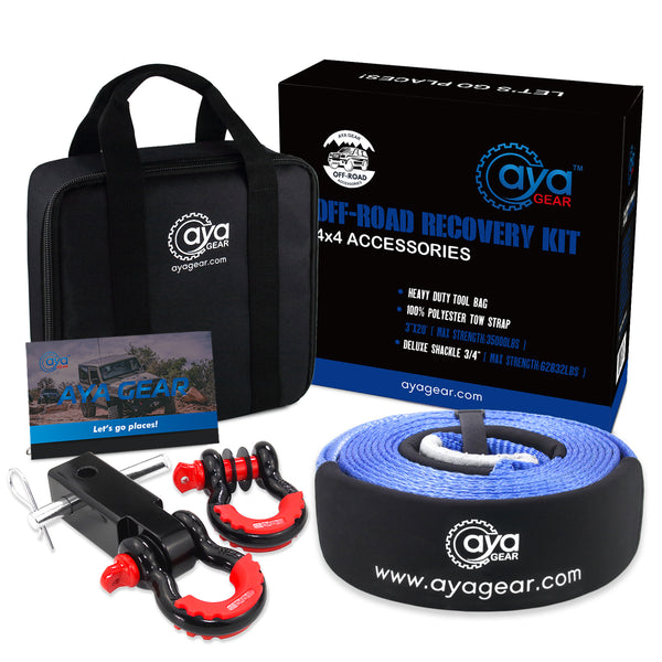 AYA Gear Off road Recovery Silver Kit, Heavy Duty 30,000 lbs Tow Snatch Rope + 3/4 D Ring Shackles (2pcs), Recovery Gear Combos 4x4 Winch Accessory